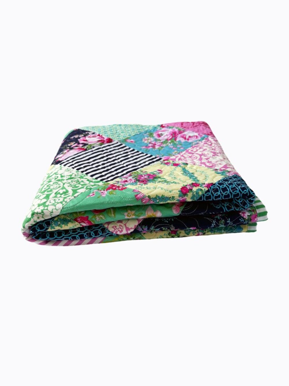 Vibrant Patchwork Quilt Throw 53x53 Reversible Pink Floral Geometric Cottagecore - Picture 10 of 10